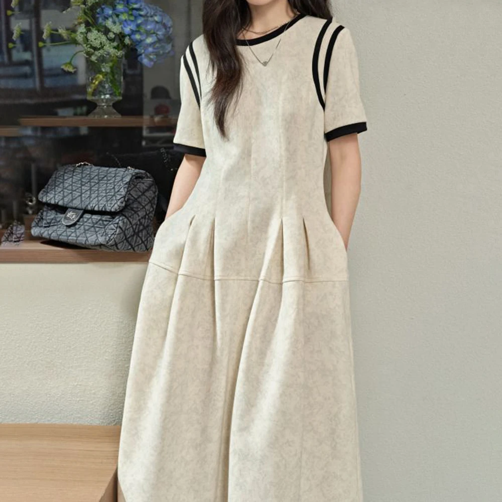 

Grey short-sleeved splicing design dress large-size women's clothing 2025 spring new Korean version waist slim skirt women