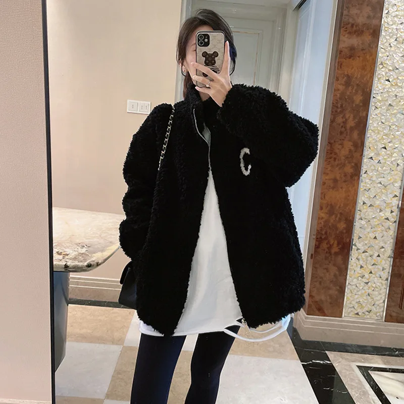2024 jesienno-zimowa polarowa puszysta kurtka Streetwear płaszcz z zamkiem błyskawicznym damska pluszowa ciepła odzież wierzchnia list splot bluza damska