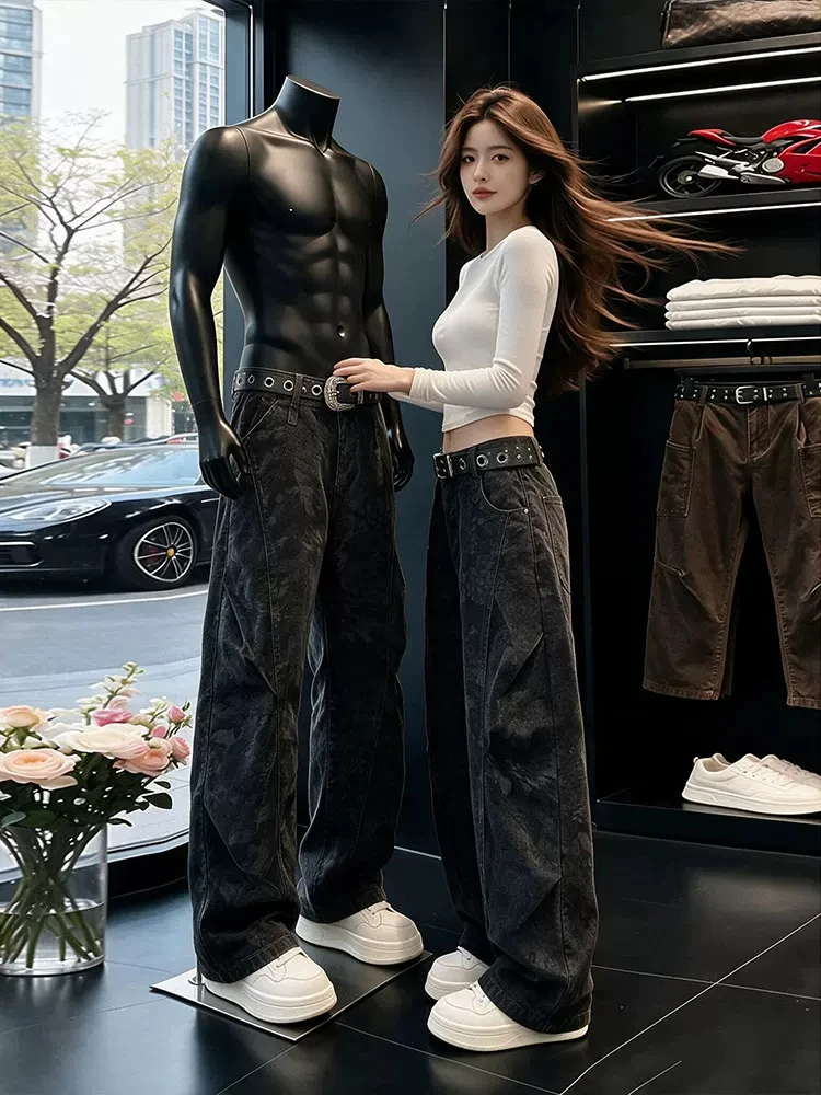 Black Camouflage Wide Leg Men's Jeans Autumn Washed Faded Knife  Loose Workwear Trousers Youth Popular Straight Cut Jeans