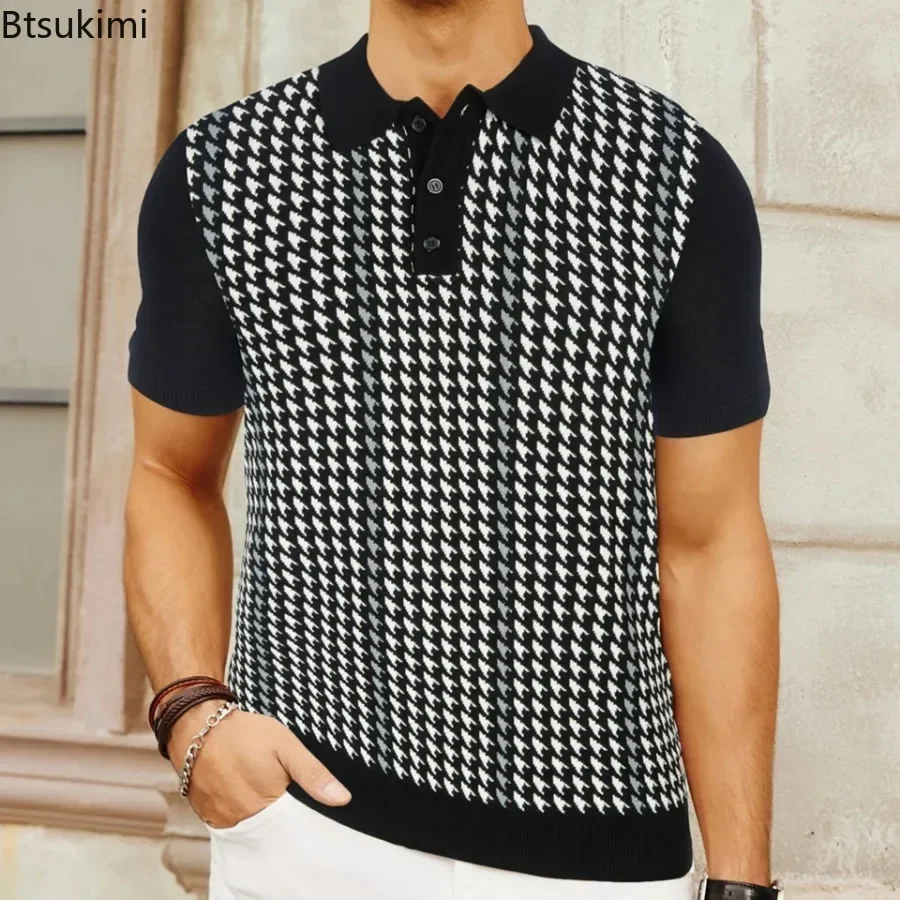 

2025 Hot Sale Knitted Polo Shirt for Men Fashion Jacquard Business Casual Shirt Tops High-end Men's Short-sleeved Knit T-shirt