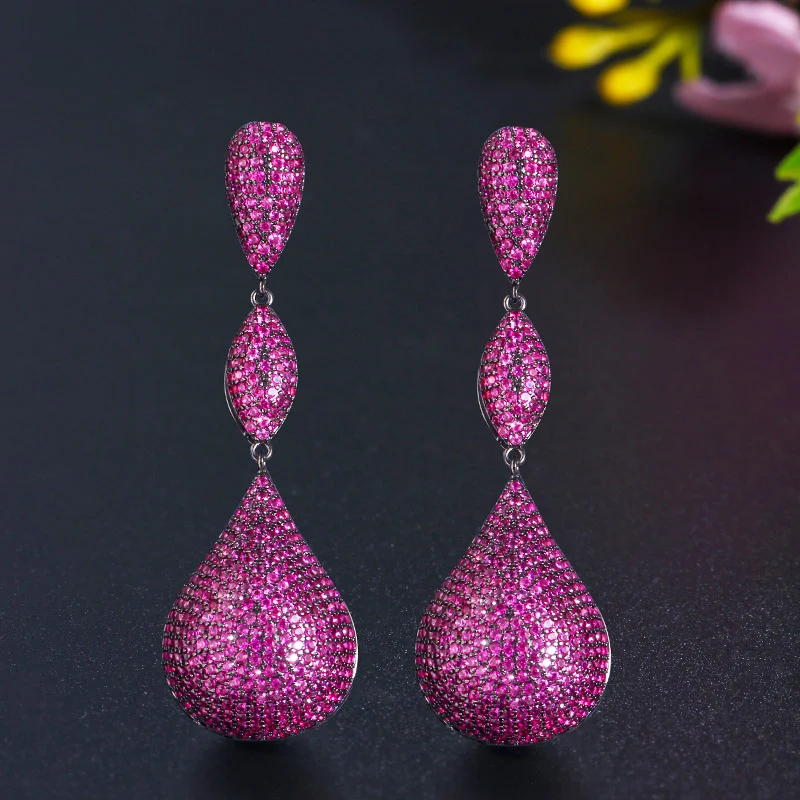 

ThreeGraces Unique Rose Red Cubic Zirconia Long Geometric Drop Earrings for Women Luxury Bridal Wedding Party Jewelry E1872