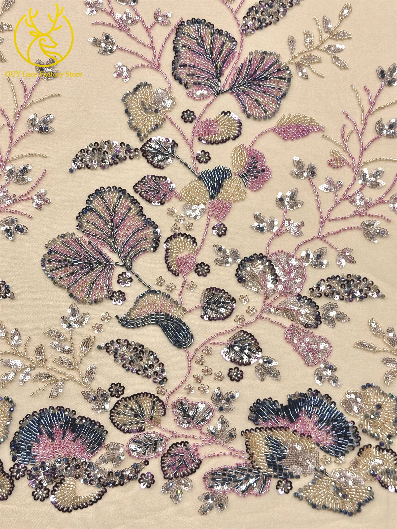 Exquisiter handgefertigter afrikanischer Spitzenstoff mit Perlen und Pailletten, 2026, modischer nigerianischer Tüll mit Blumenstickerei zum Nähen von Abendkleidern – Detail 8
