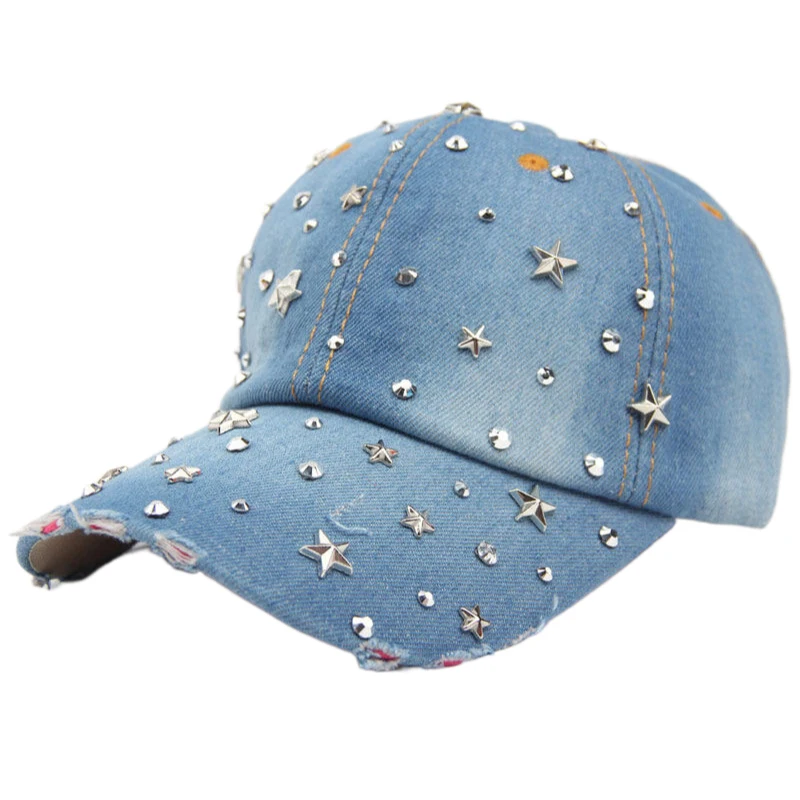 Fashion Women Baseball Cap Bling Stars Rhinestone Denim Cap Adjustable Strap Jean Snapback Hat Distressed Brim