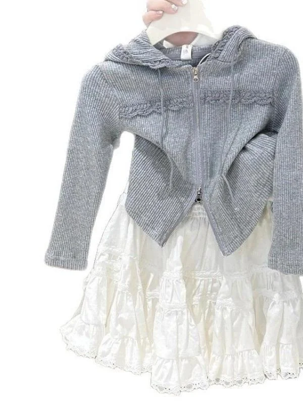 Sweet Sli Baby Girl's Korean Sle Set with Lace Trim f Skirt Two-Piece Suit Trendy Commute Long Sve  Color