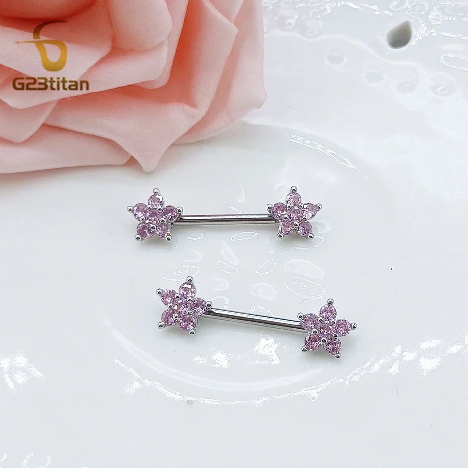 G23titan 2pc Pink Crystal Flower Nipple Rings 14G Titanium Straight Barbell Women Chest Nipple Piercing Body Jewelry Accessories