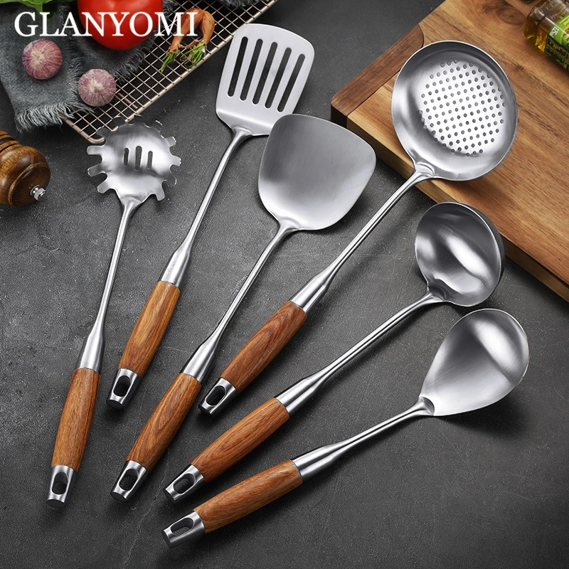 

6Pcs/Set Wood Handle 304 Stainless Steel Cooking Tool Sets Turner Rice Spoon Pasta Server Kitchenware Utensil Accessory Cookware