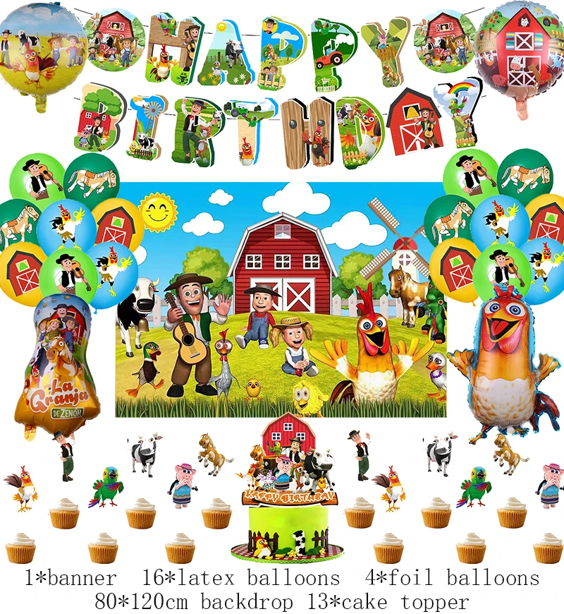 La Granja Zenon Farm Ranch Theme Birthday Party Decoration Tableware Supplies Chicken foil Balloon Backdrop Banner Baby Shower