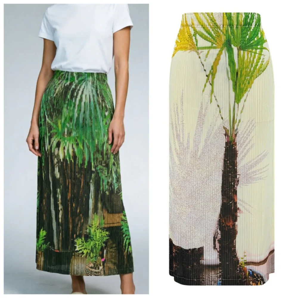 Miyake Pleated Skirt 2026 Niche Art Palm Print Pleats Jupe Elastic High Waist Draped Slimming Summer New Fold Atmospheric Skirt