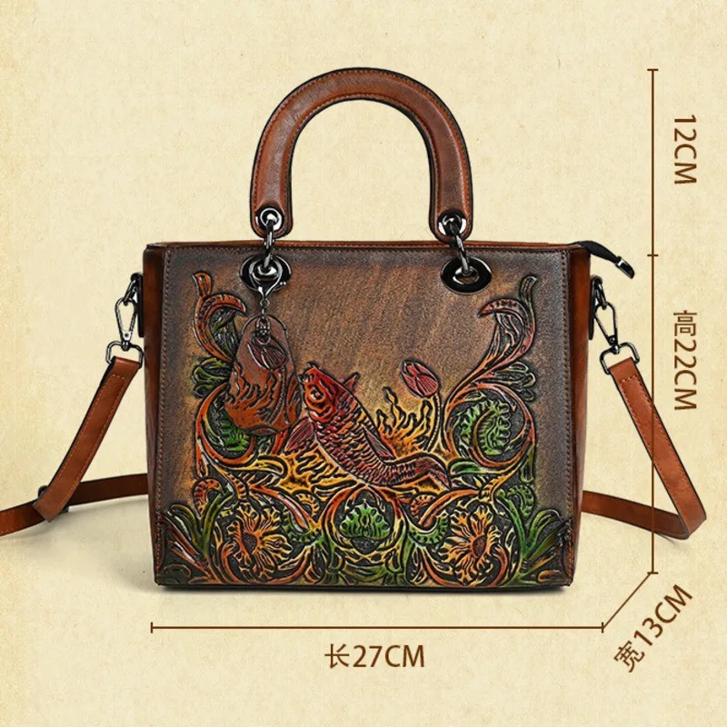 New Fish Embossed Women Handbag Vintage Chinese Style Shoulder Bag Versatile Leather Large Capacity Crossbody Bag Ladies