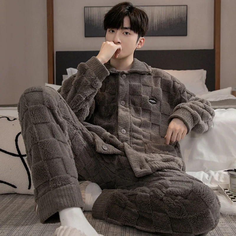 2Pcs/set men\'s pajamas autumn and winter padded and thickened warm long-sleeved trousers coral fleece homewear men\'s clothing