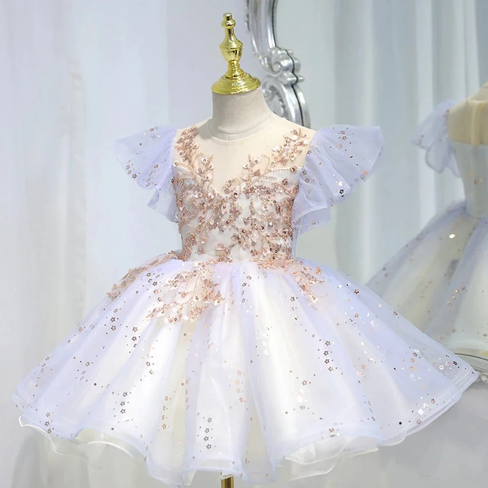 

Tulle Puffy Applique Sequins Flower Girl Dresss For Wedding Gorgeous Knee Length Child's First Eucharistic Birthday Party Dress