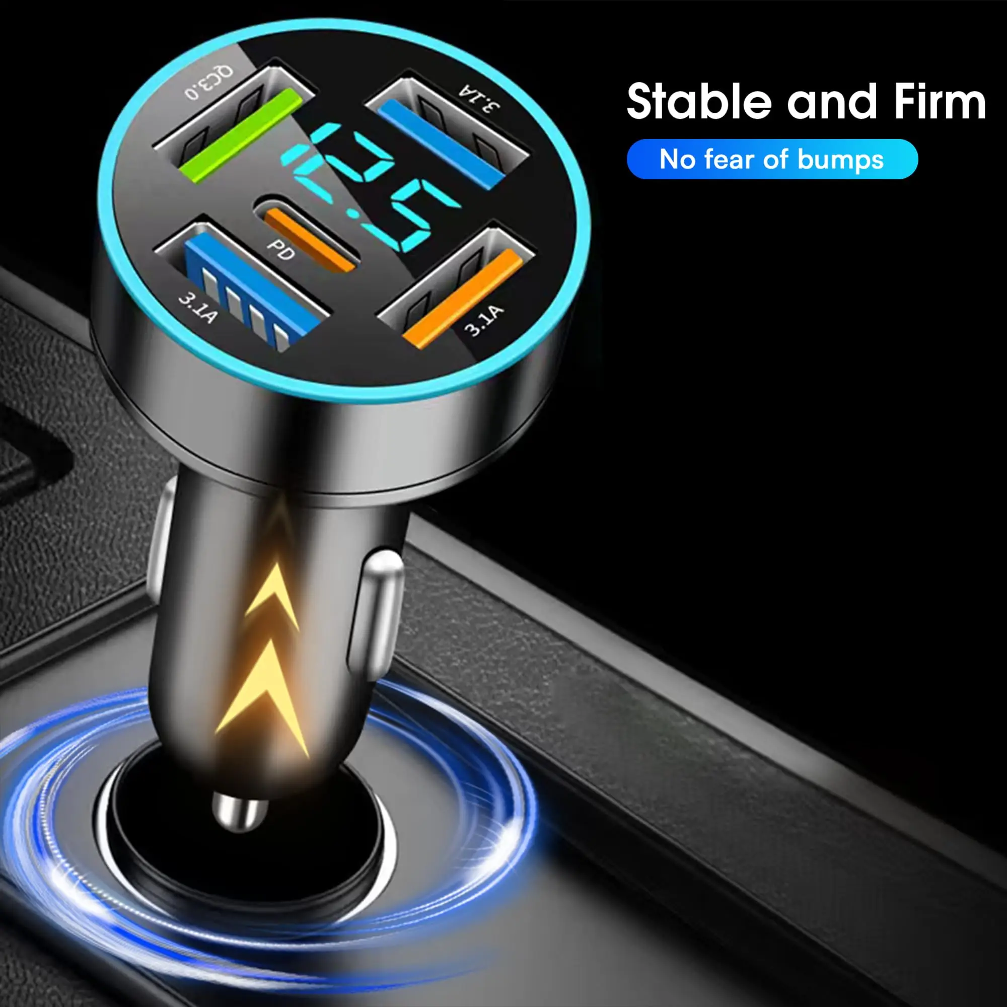 PD66W Car Charger QC3.0 Fast Charge One to Four Car Cigarette Lighter Plug 5 Port Car Charger Flash Charge with Digital Display image 5