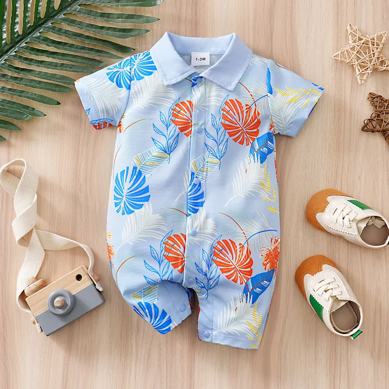 Hawaiian Beach Baby Romper Short Sleeve Tropical Floral Print Lapel Jumpsuit Infant Boys Summer Vacation Playsuit