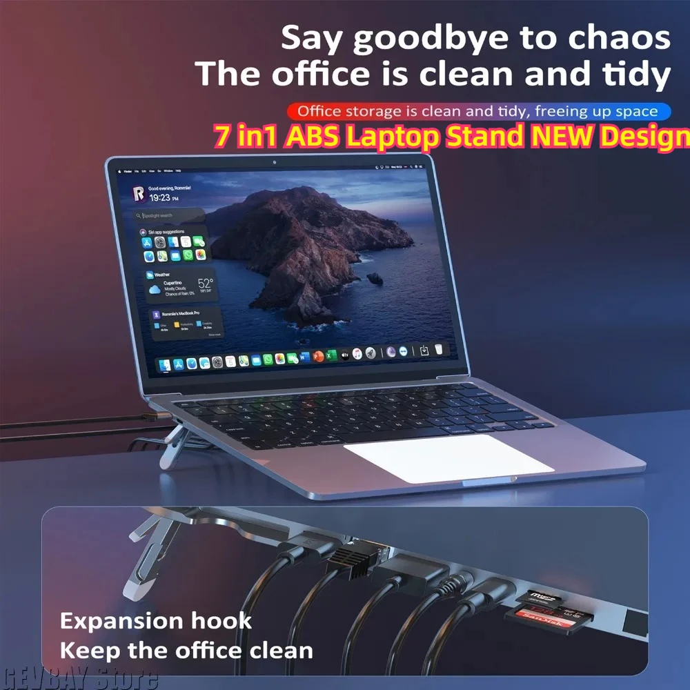 New 7‑in‑1 ABS Laptop Stand USB Type‑C Docking Station Hub, HDMI, Card Reader, USB 3.0, Portable Cooling Stand Riser