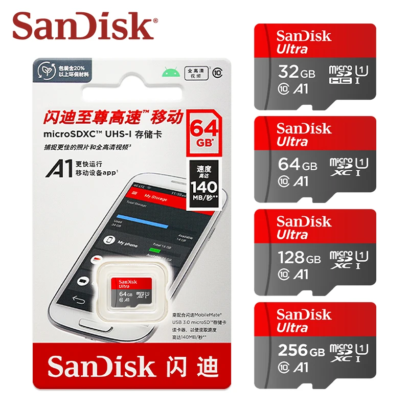 SanDisk-Ultra Memory Card, A1, U1, C10, Micro SDXC, Velocidade de leitura, até 150 Mbps, 32GB, 64GB, 128GB, 256GB, 512GB, 1TB