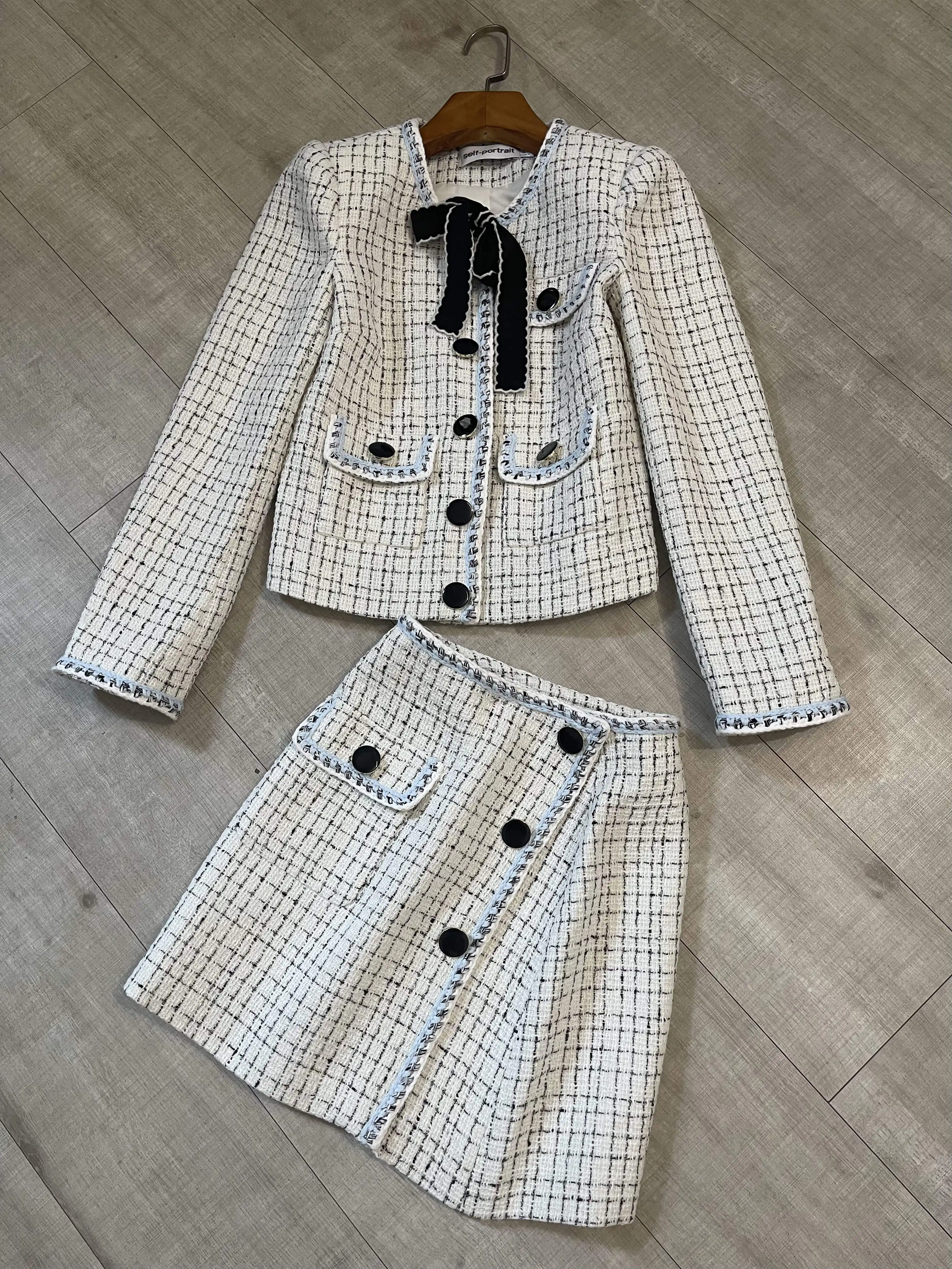 Women Sweet Plaid Set Ribbon Bow Neck Woolen Blazer Coat + High Waist A-line Mini Skirts