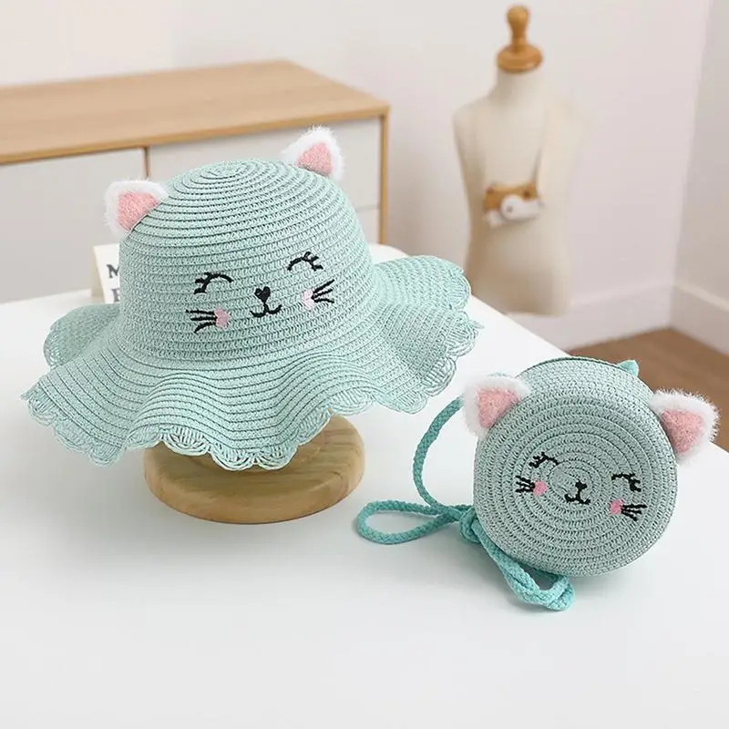 Cute Cartoon Cat Beach Hat 360 Degree All-Round Protection Caps Sun Hat With Bag Matching Straw Pouch Design Sunshade Supplies