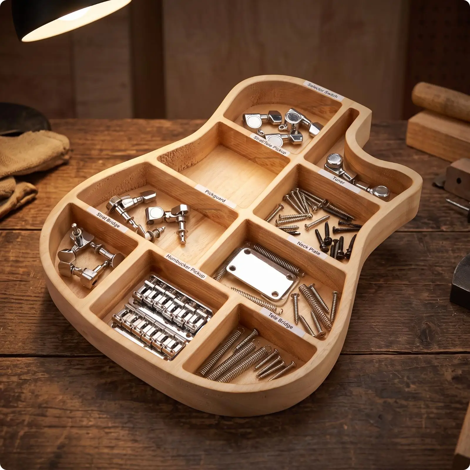 Natural Wood Guitar Accessory Tray with Labeled Compartments for Picks Tools and Small Parts Practice Room Organizer