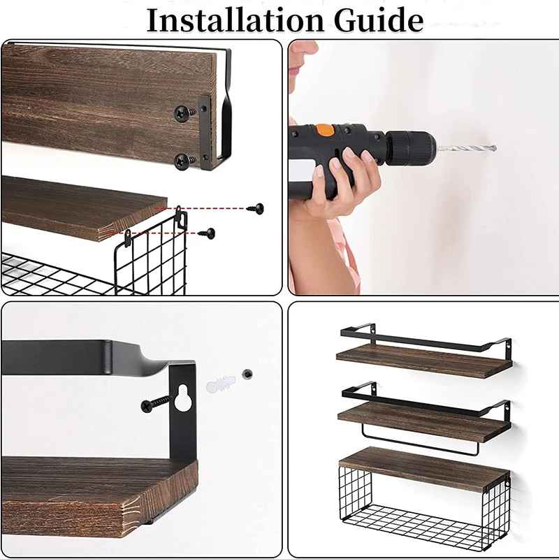 3PCS Walnut Brown Floating Shelves with Storage Basket Over Toilet Paper Holder Storage Shelves Wall Mounted Rustic Wood Shelves