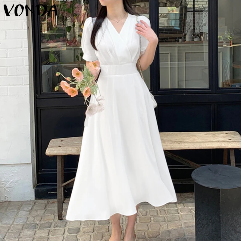 VONDA レディース ロングシャツワンピース 2025 夏 パーティー エレガント ミディ丈 サマードレス セクシー Vネック カジュアル 無地 半袖 ローブ ワンピース