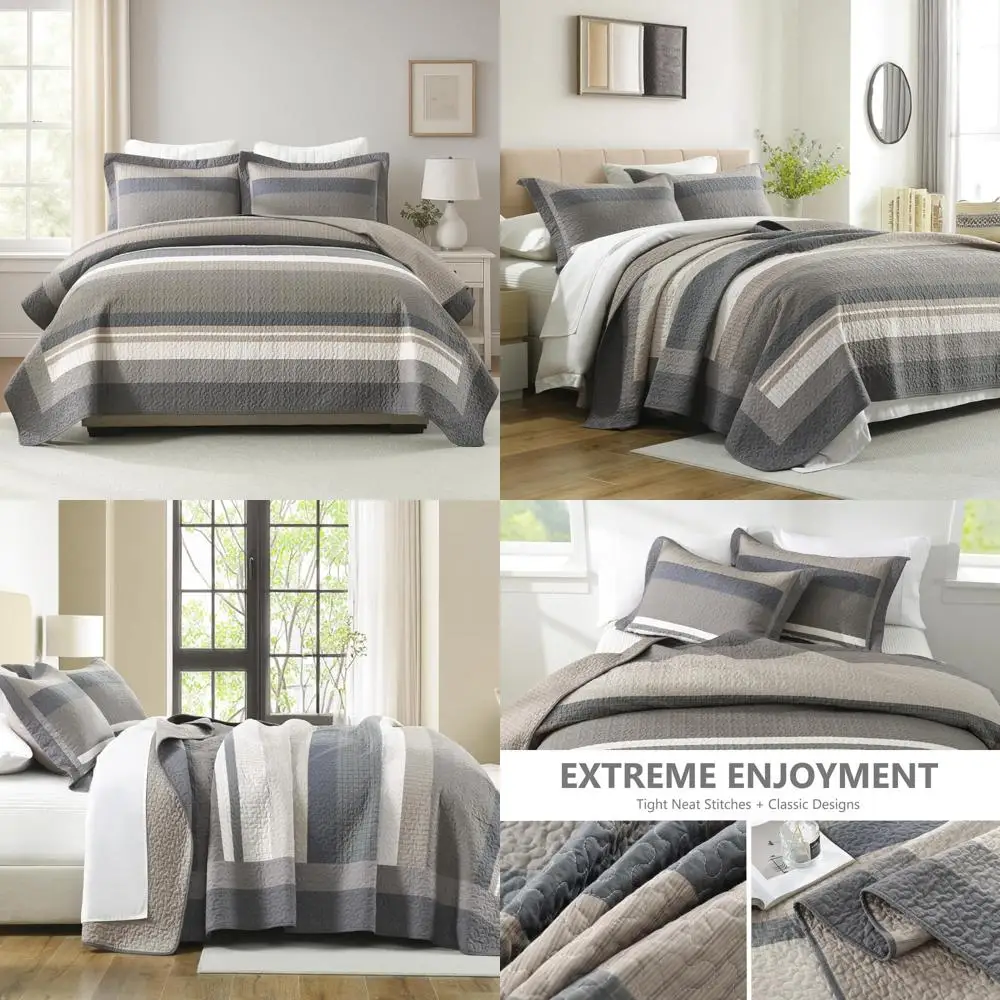 

Queen Size Cotton Quilt Set, Striped Bedspread for Queen Bed, 3-Piece Reversible Farmhouse Style Bedding