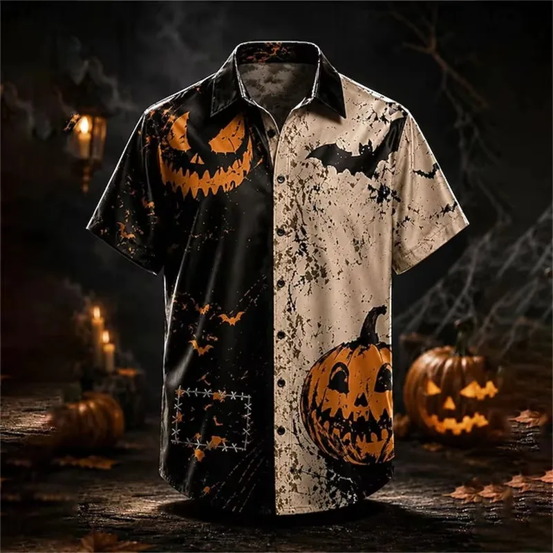 2026 Halloween Men's Short-Sleeve Shirt with Pumpkin and Bat Print Casual Loose-Fit Holiday and Vacation Shirt Stylish Men's Top
