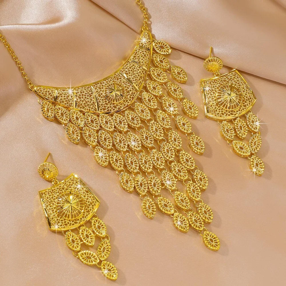 

Luxury 24K 9999 Pure Gold real gold Dubai Wedding Dance Performance Artistic Retro Oval Tassel Necklace Earrings suit