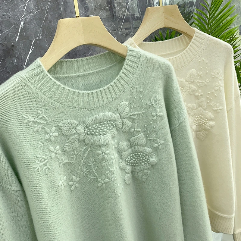 

100 Cashmere Knitted Sweater Embroidered Loose Base Layer Fashionable Commute Style Long Sleeve Regular Fit