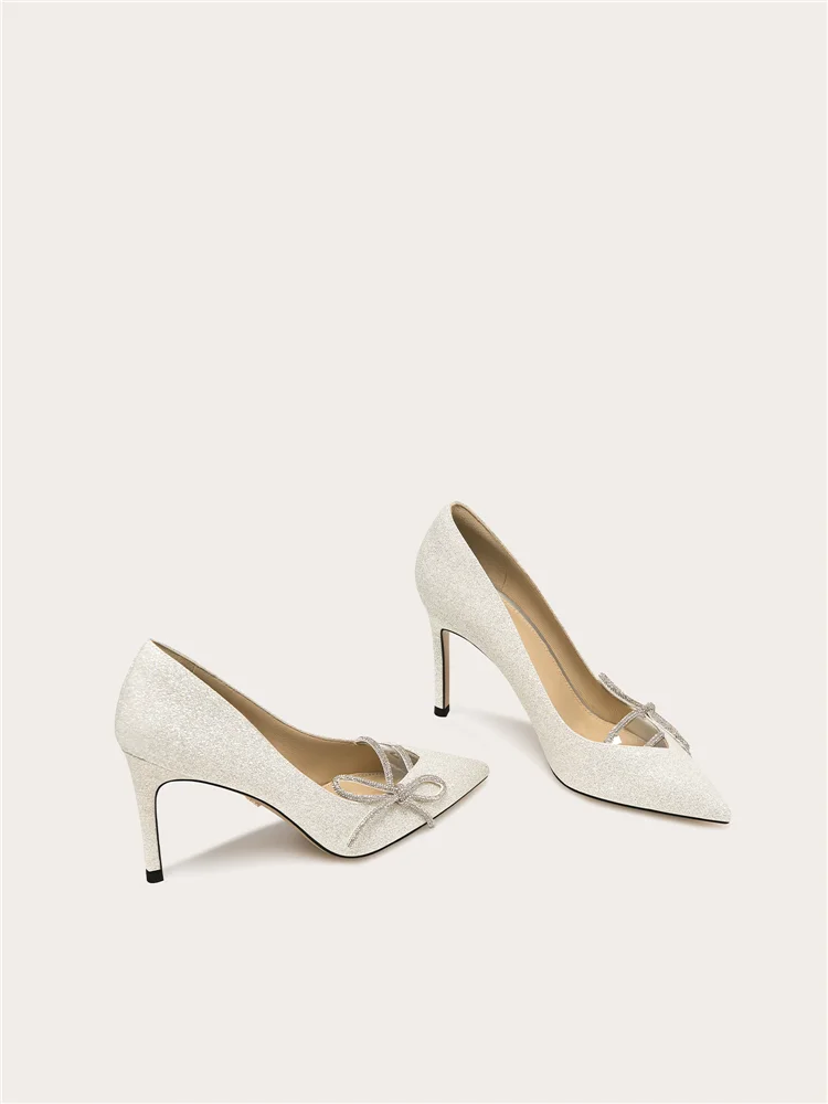 Spring new pointed shallow mouth rhinestone bow glitter PVC wedding shoes banquet large size small size high heels women's shoes
