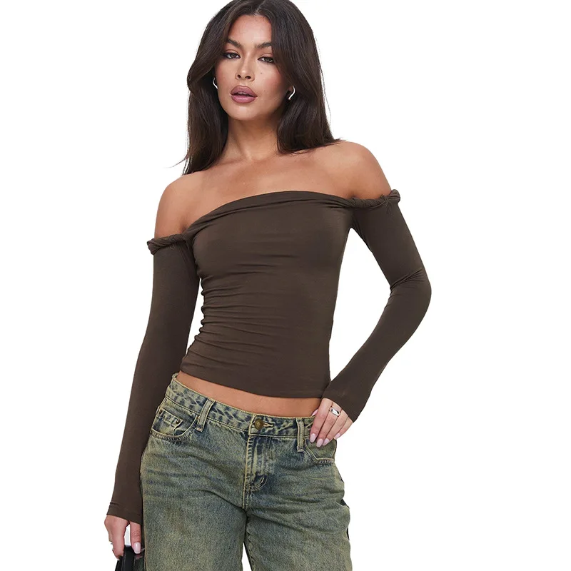 Women s Y2K Long Sleeve Boat Neck Sexy Off Shoulder Seamless Shirt Going Out Blouses Nightout Tight Shirts 2024