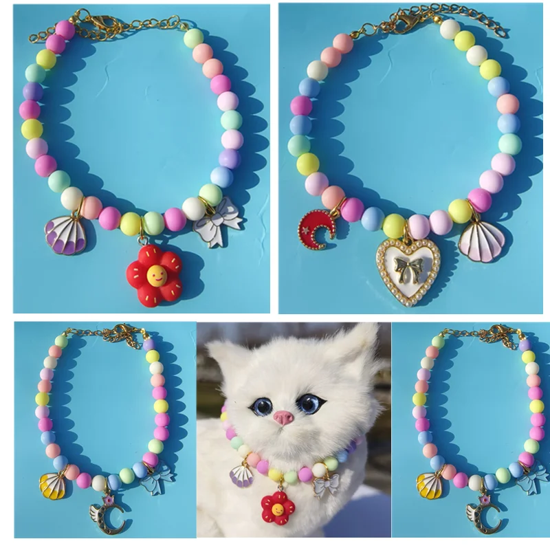 

Pet Dog Collar Colorful Pearl Cat Collar Necklace with Pendan Adjustable Puppy Collar Accessories Chihuahua Wedding Jewelry