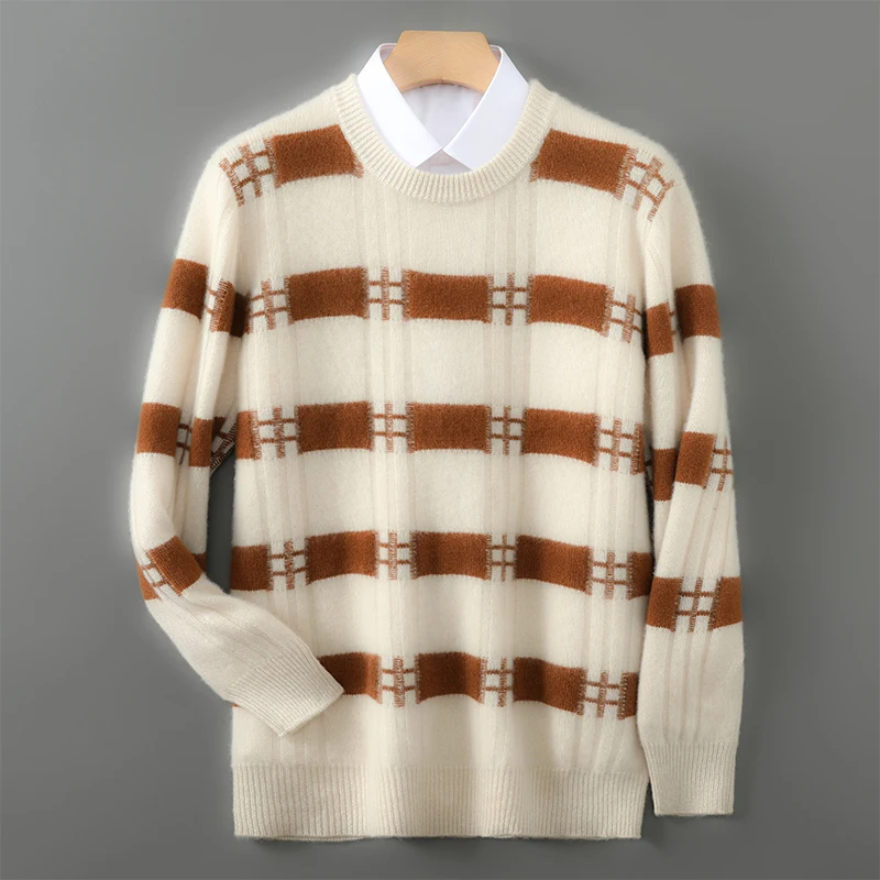 

Winter 100% Pure Wool Men's Round Neck Thick Sweater Color Matching Knitting Loose Casual Bottoming Cashmere Sweater