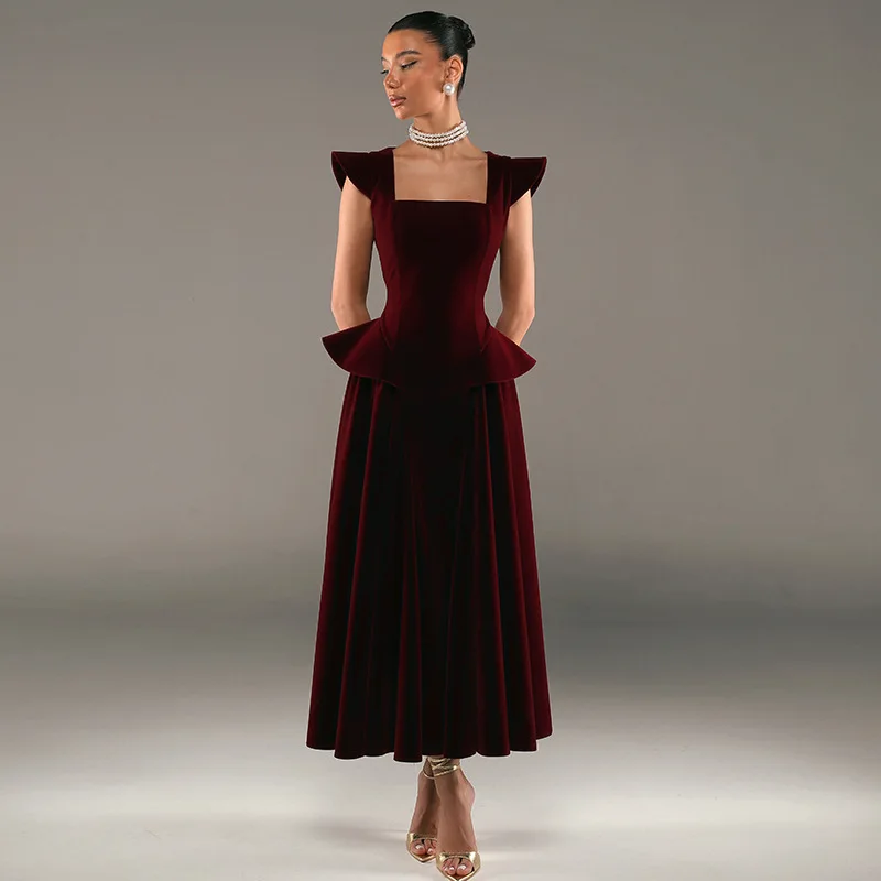 

Новое элегантное женское платье А-силуэта с квадратным вырезом, винно-красное, средней длины, приталенное, для официальных мероприятий, коллекция Весна 2026