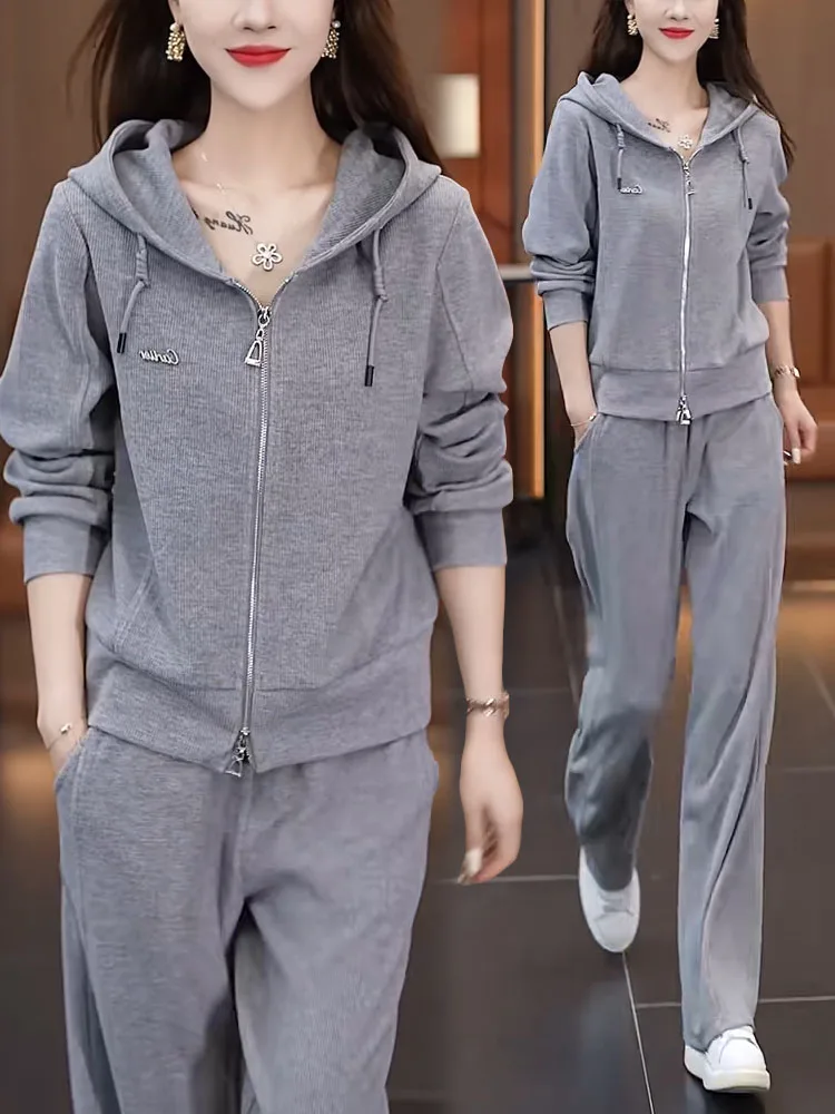 Lässiges Sportbekleidungsset für Damen, Kapuzenpullover, weites Bein, Hose, zweiteiliges Set, trendiger Herbst 2025, Neuankömmling, bequeme Polyesterfaser