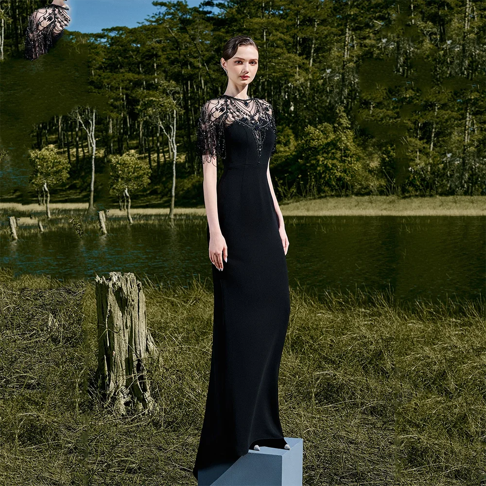 

Luxury O-neck Draped Beads Prom Gowns Black Jersey A-line Floor Length Evening Dresses Customized Elegant Formal Party Dress