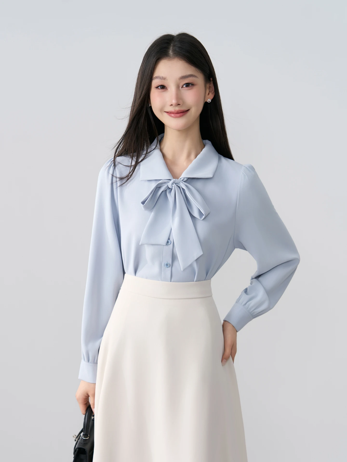 

Синяя женская блузка из шифона для весны и лета, профессиональная, для собеседований и офиса, с прямыми рукавами-фонариками, бренд Miss Bird