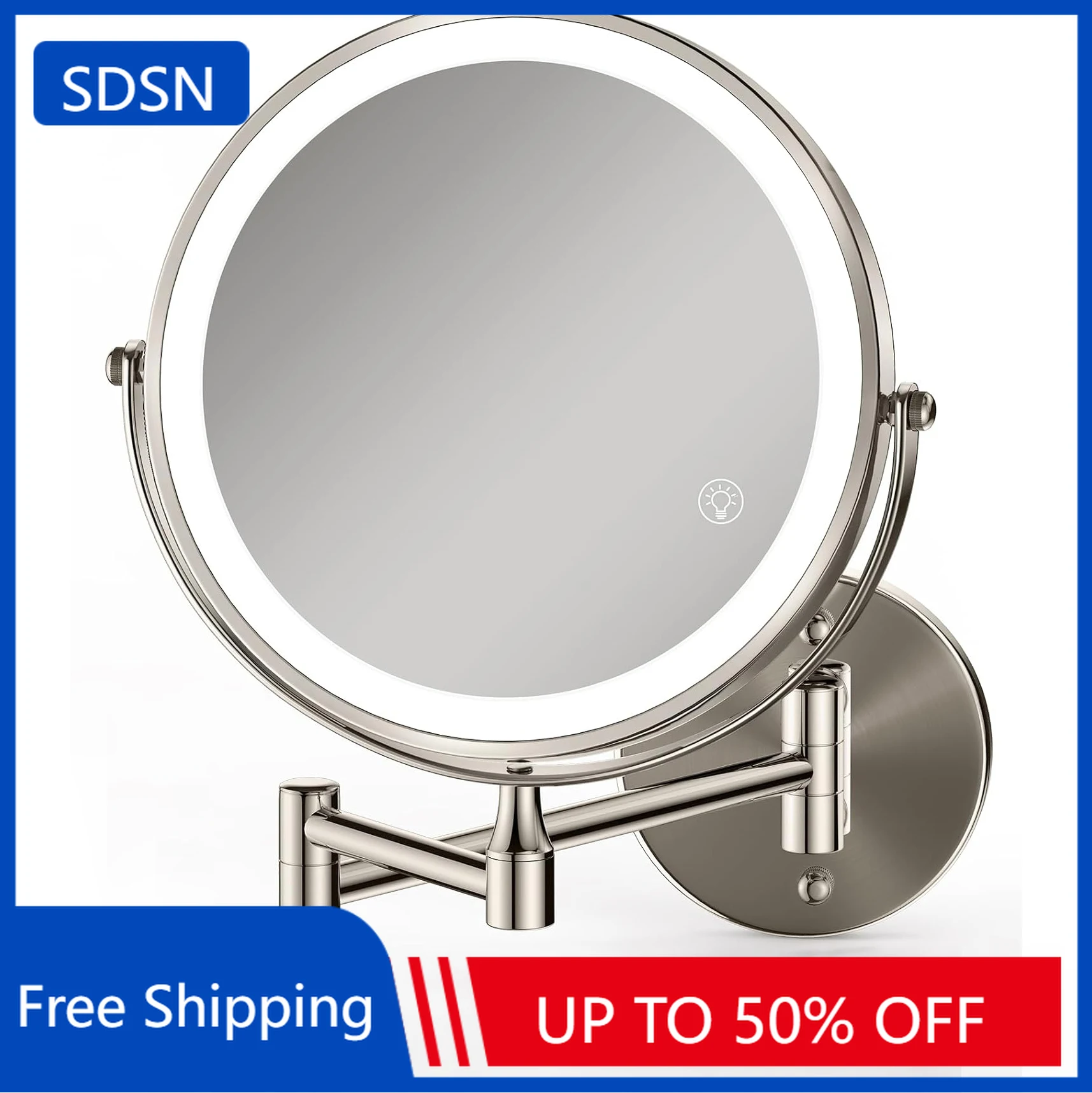 Accessori per specchi da bagno pieghevoli a LED touch in nichel spazzolato Specchio per trucco illuminato magnificamente 10X Specchi da bagno rotondi touch