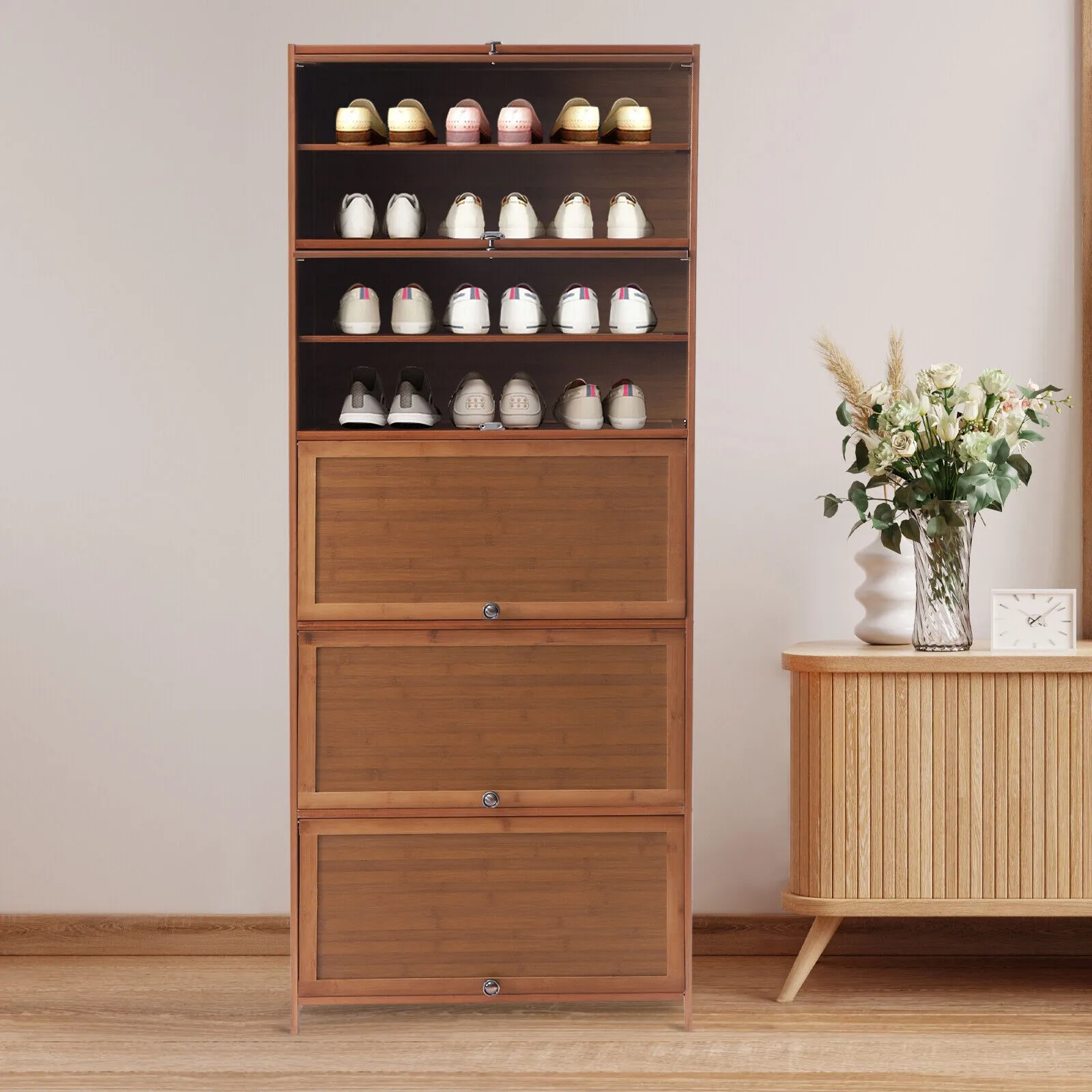 10 Tier Bamboo Shoe Cabinet Brown Entryway Shoe Rack Floor Mount Shoe Cabinet Bookshelf Concealed Sliding Doors Storage Rack