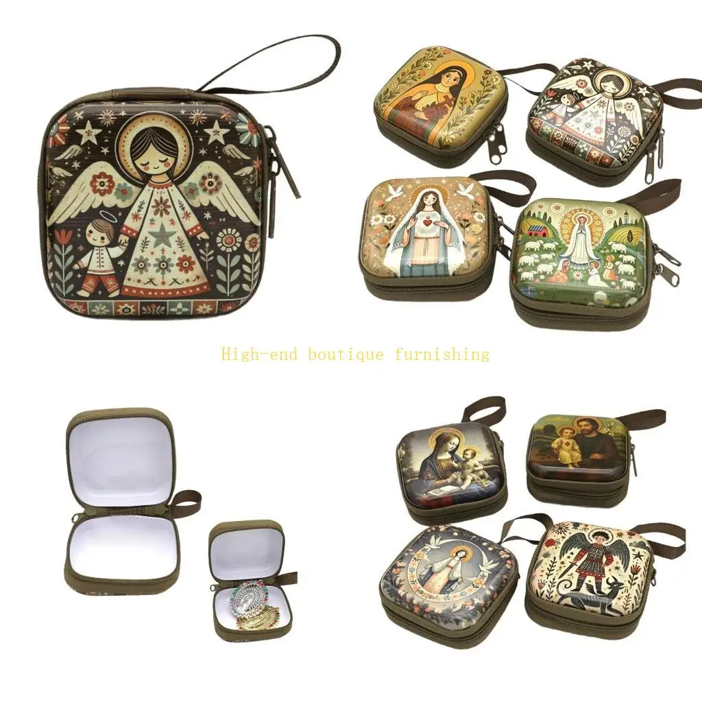 L9NB Catholic Rosary Coin Purses Headphone Bag Rosary Prayer Bag for Women Men