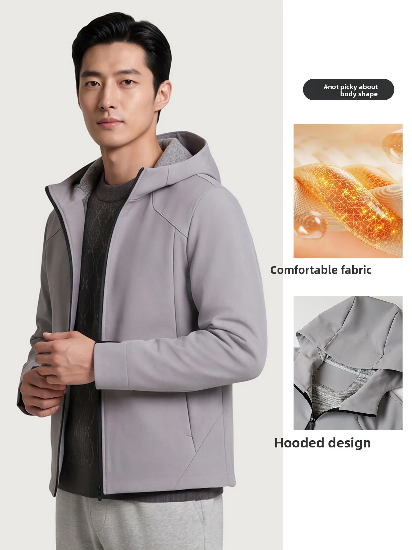 Hengyuanxiang Men's Hooded Jacket Casual Sportswear Windproof Outerwear Standard Fit Composite Fabric Fashion Urban Style