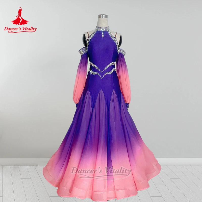 Erwachsene Foxtrot Rumba Walzer Hochgeschlossener Tau-Schulter Lila-Rosa Farbverlauf Perform anmutige Kleider Benutzerdefinierte Tänzerin Vitalität