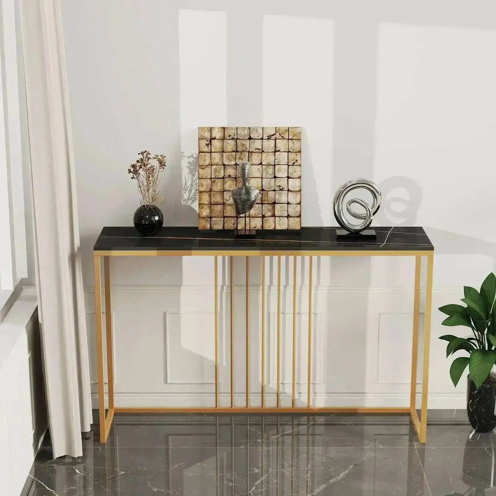 Console Inch Table, 47.2 Extra Long Sofa Table with Sintered Gold Metal Top Leg for Corridor Entrance Living Room Table