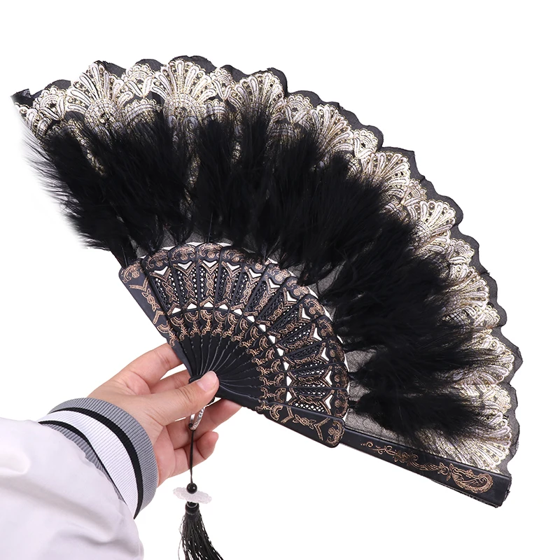 Lolita Feather Folding Fan Japanese Sweet Fairy Girl Dark Gothic Court Dance Hand Fan Art Craft Gift Wedding Party Decoration