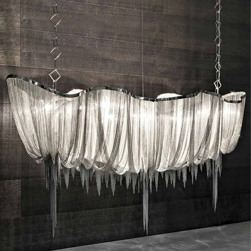 

French light luxury aluminium chain chandelier with tassel polished lustre, dimmable, for living room home decoration