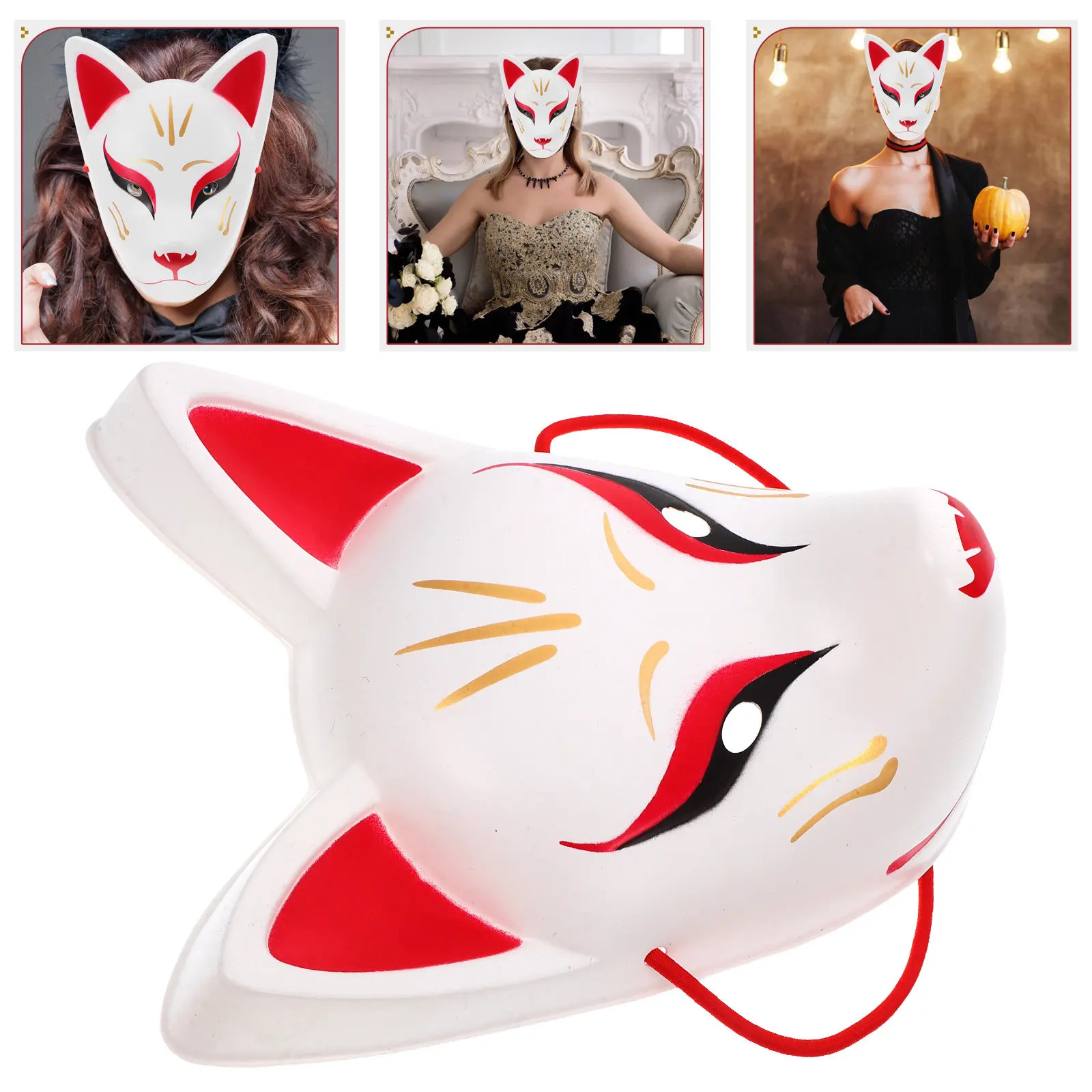 White Japanese Cherry Blossom Fox Cat Face Mask PVC Festive Costume Masquerade Ball Cosplay Halloween Dress Up Mask