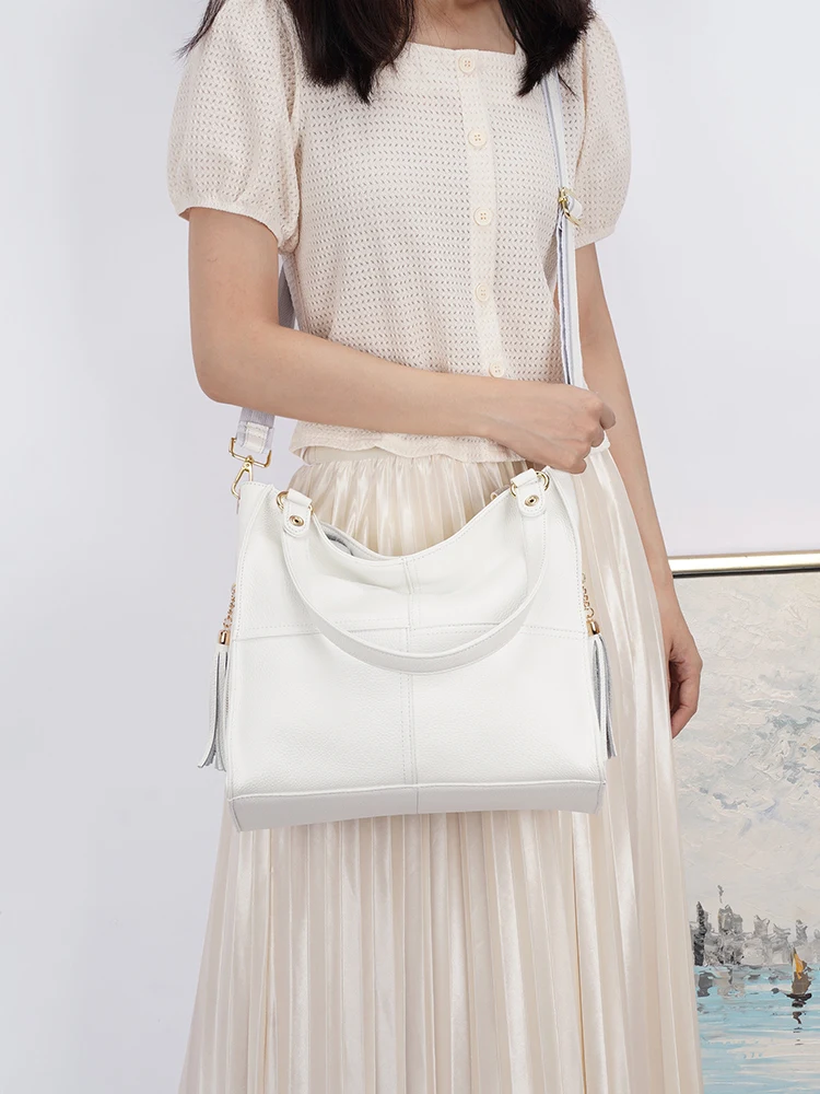 Zency Women Luxury Bag Genuine Leather Women's Work Tote Pure White Designer Tassel Shoulder Shopping Bag Crossbody Strap Bag