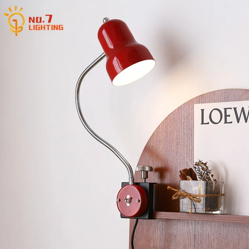 

Medieval Industrial Red/Orange/Black Clip on Table Lamp LED E27 Study Bedside Adjustable Designer Desk Lights Reading Studio Bar