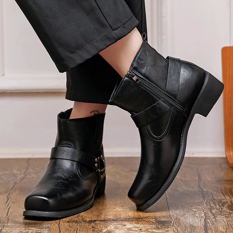 Men High Top Boots PU Solid Color Low Heel Square Toe Fashionable Classic Men Boots Size 38-46