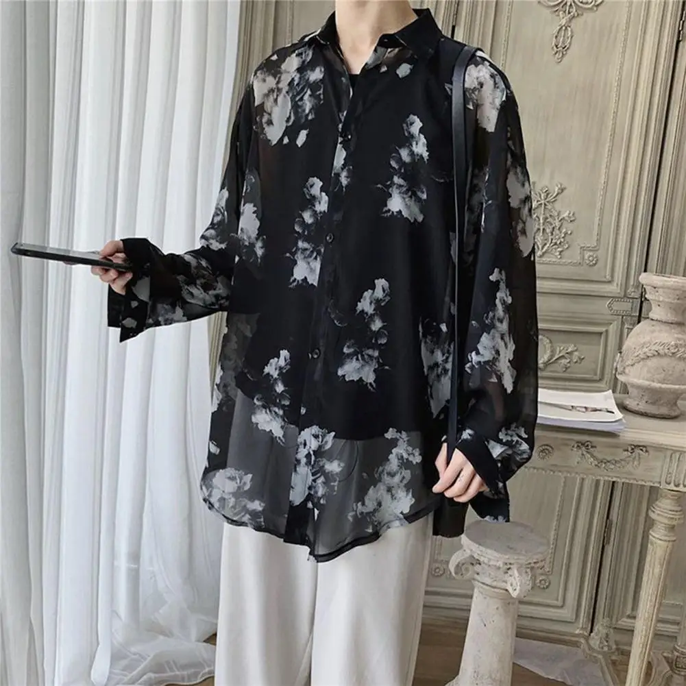 Retro Floral Print Shirt Loose Fitting Lapel Shirt Printed Loose Men's Cardigan with Turn-down Collar Stylish Mid for Fall