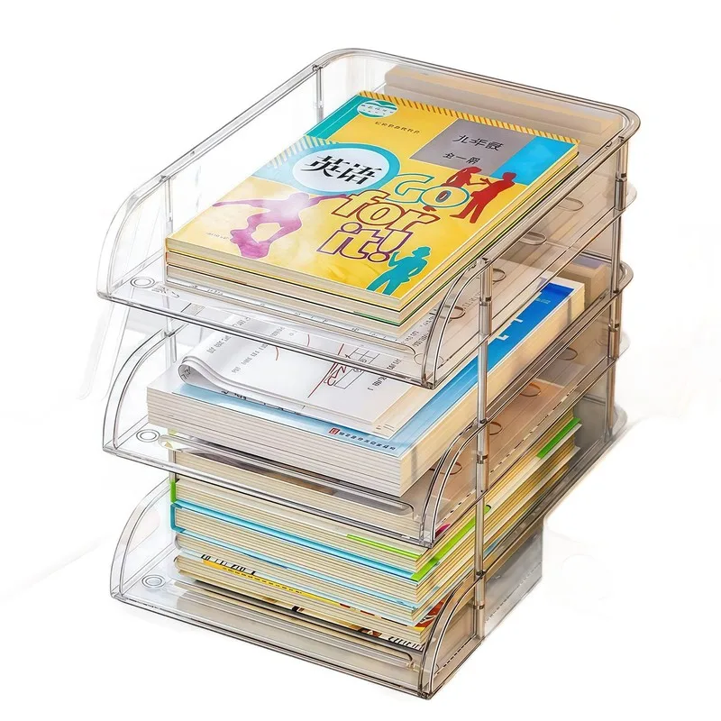 4 Tier Clear Acrylic Desktop File Organizer Stackable Book Storage Shelf Office Document Holder Student Subject Classification R